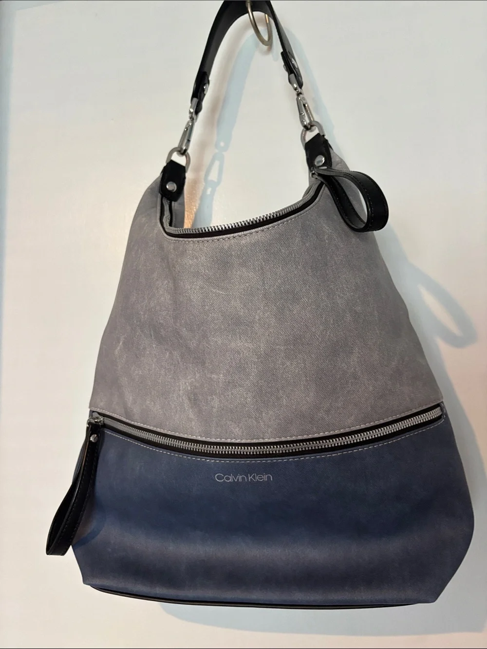 Calvin Klein Two-Tone Gray and Navy Leather Hobo